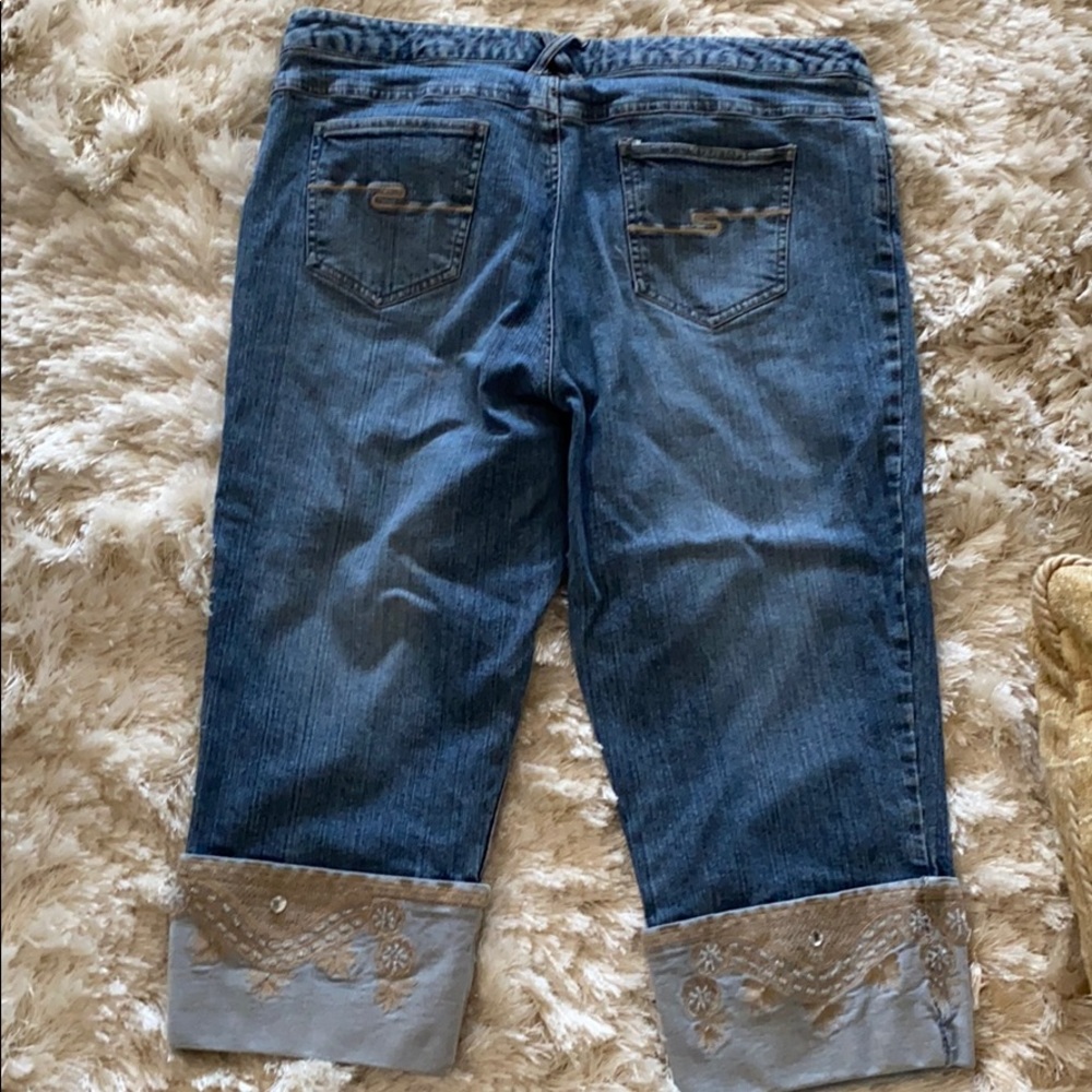 TribAl Jeans cropped w/ large rhinestones & beads